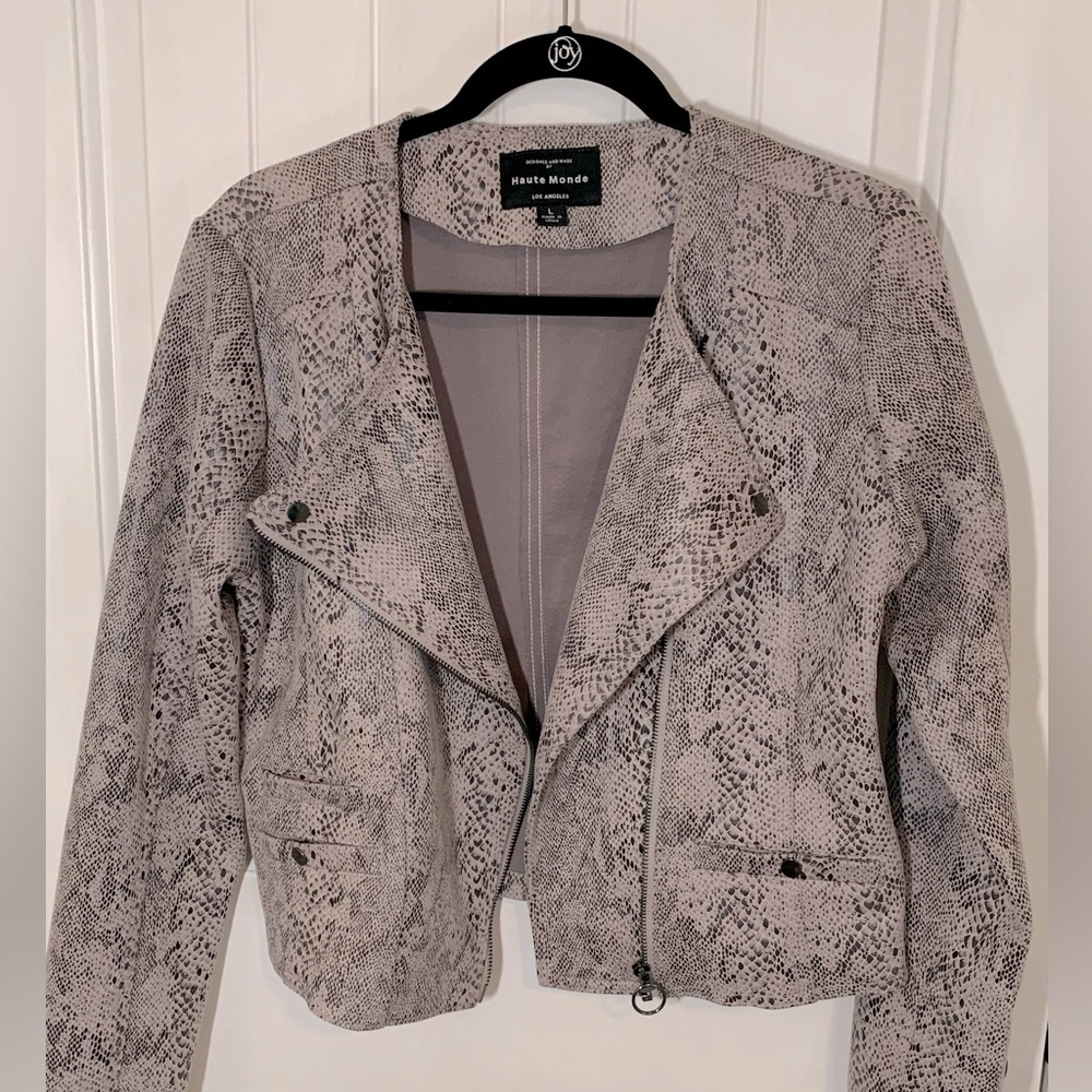 Haute Monde Snake-Print Vegan Leather Jacket in Light Gray and Black